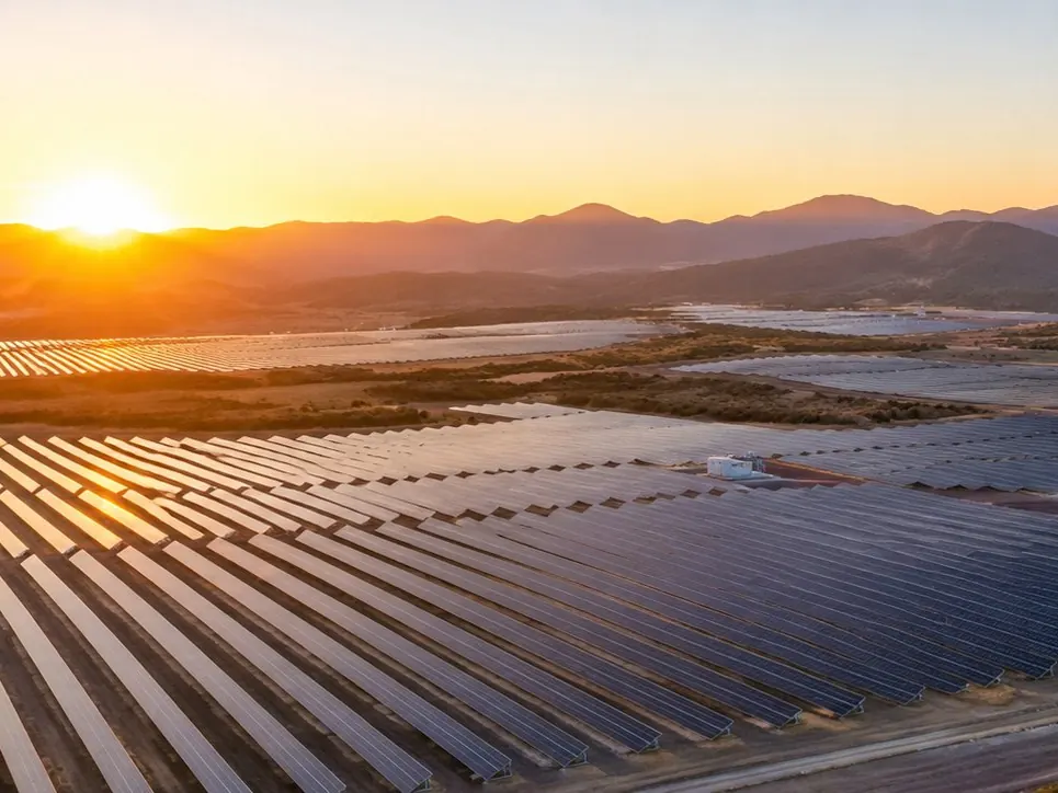Aerial view of a utility-scale PV plant among hills at sunset