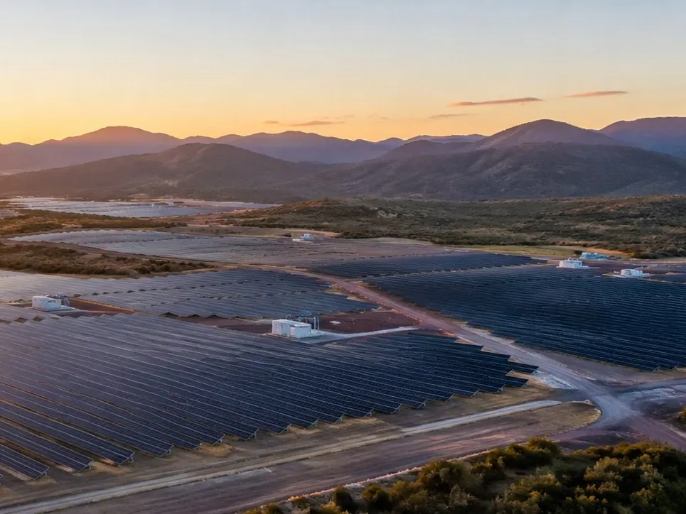 Aerial view of a utility-scale PV plant among hills at dusk