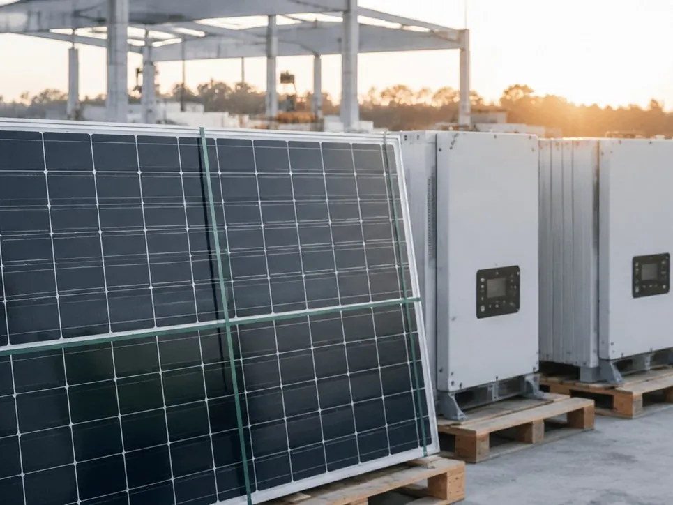 New PV modules and string inverters on pallets at a construction site