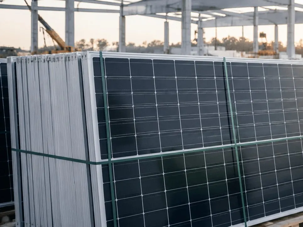 Stacks of new PV modules on pallets at a construction site