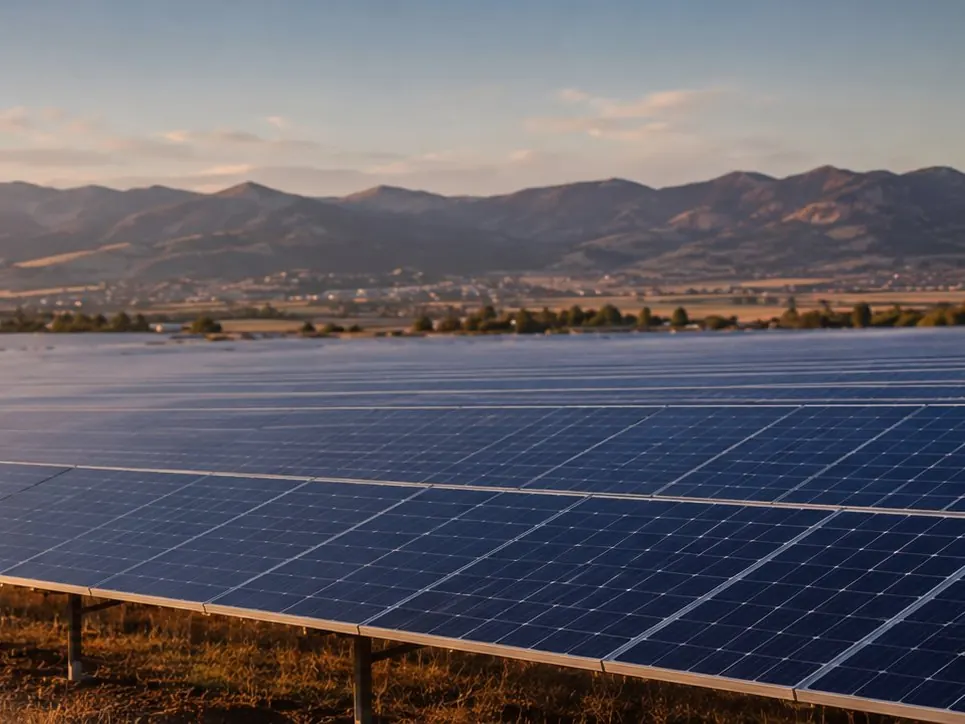Rows of PV modules in a utility-scale plant at sunset