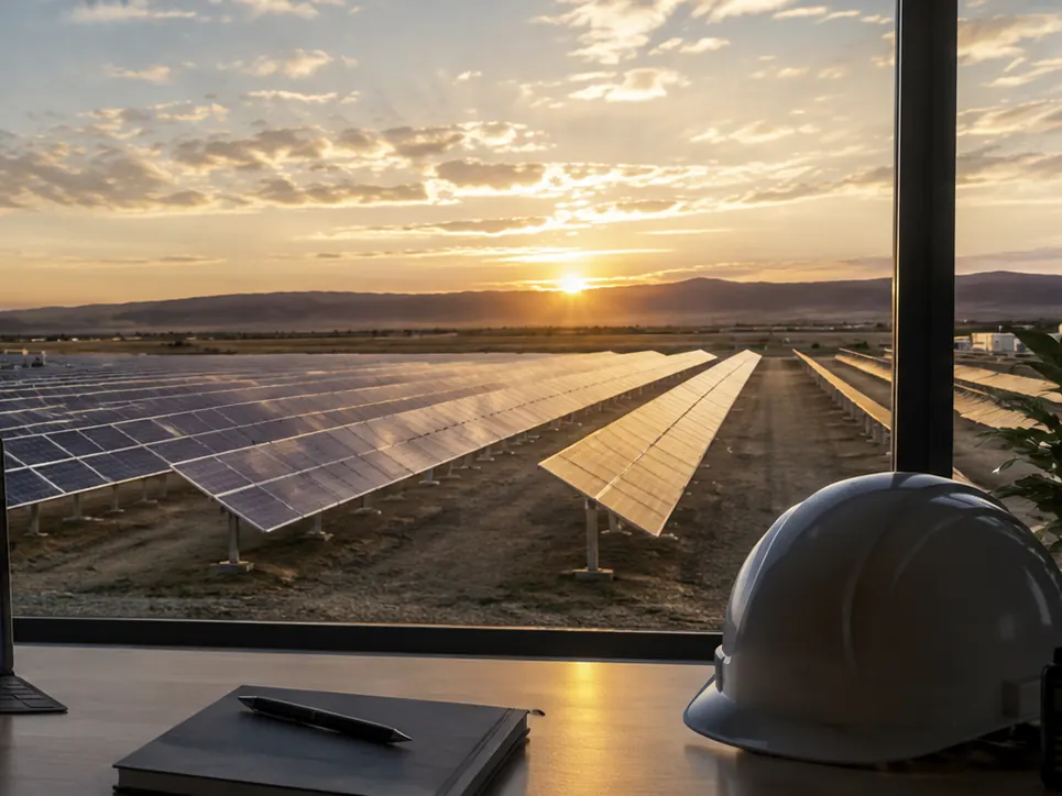Screens and a hard hat on a desk in front of a window overlooking a utility-scale PV plant at sunset